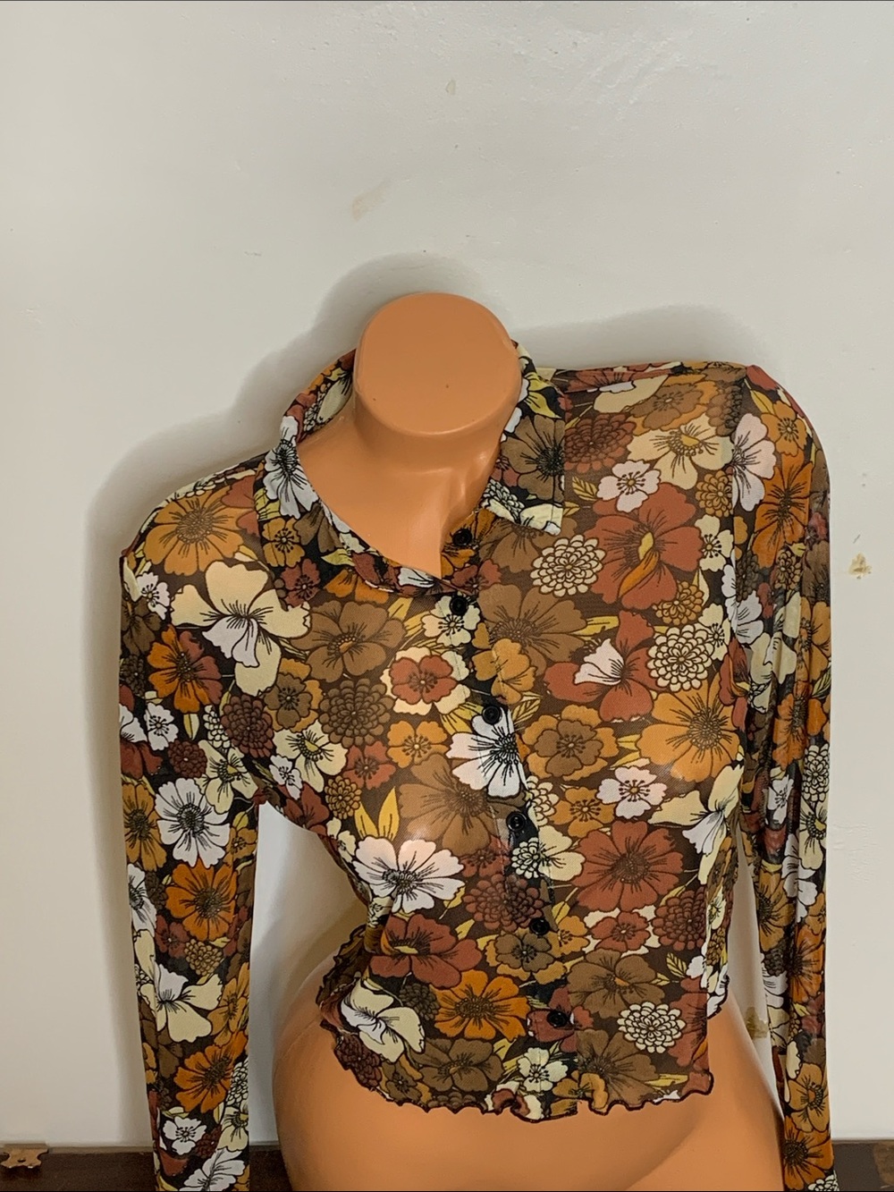 Sheer Mesh longsleeve lightweight floral forrest fairy brown multicolor TOP